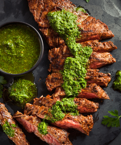 Grilled Skirt Steak with Green and Smokey Red Chimichurri