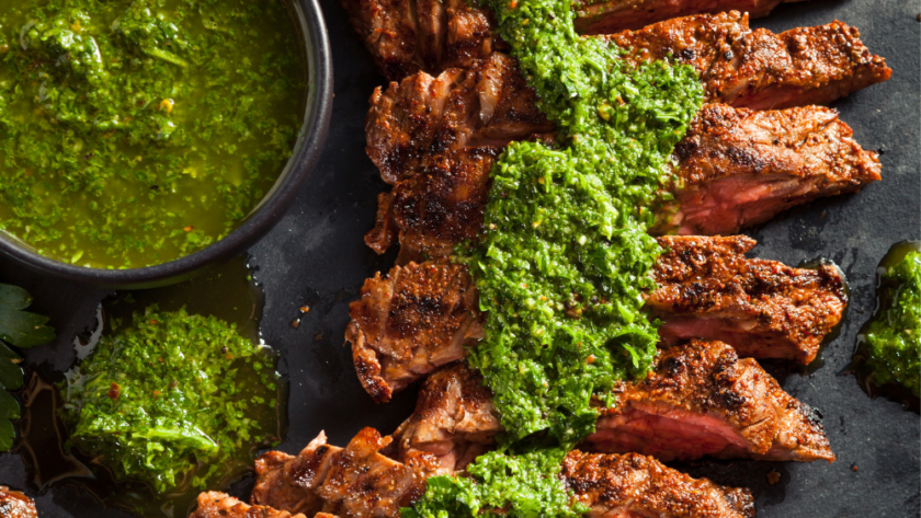 Grilled Skirt Steak with Green and Smokey Red Chimichurri