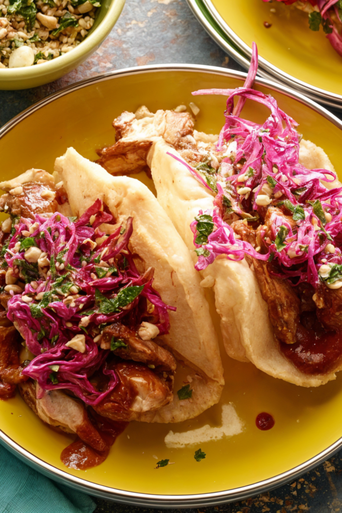 Yucatan Chicken Puffy Tacos with Peanut-Red Chili BBQ Sauce and Red Cabbage Slaw