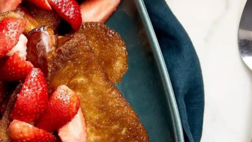 Creme Brulee French Toast with Drunken Strawberries