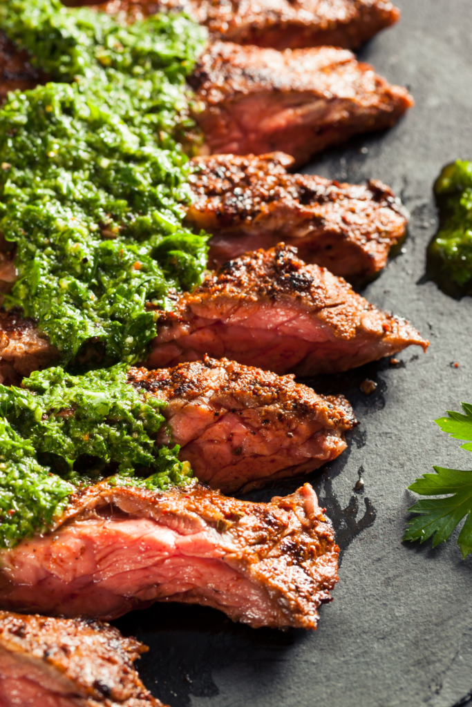 Grilled Skirt Steak with Green and Smokey Red Chimichurri