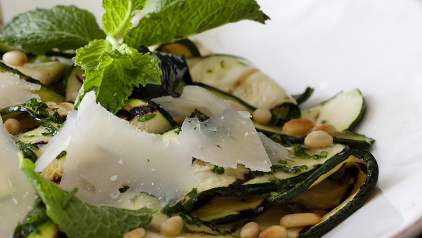 Grilled Zucchini Salad with Lemon-Herb Vinaigrette and Shaved Romano and Toasted Pine Nuts