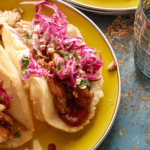 Yucatan Chicken Puffy Tacos with Peanut-Red Chili BBQ Sauce and Red Cabbage Slaw