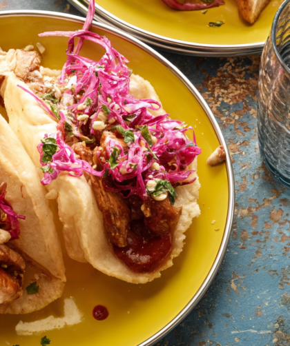 Yucatan Chicken Puffy Tacos with Peanut-Red Chili BBQ Sauce and Red Cabbage Slaw