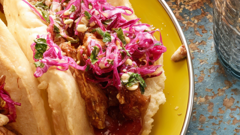 Yucatan Chicken Puffy Tacos with Peanut-Red Chili BBQ Sauce and Red Cabbage Slaw