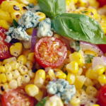 Bobby Flay Grilled Corn and Tomato-Sweet Onion Salad with Fresh Basil Dressing and Crumbled Blue Cheese