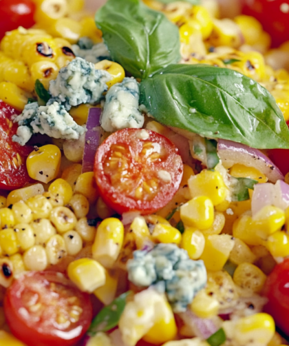 Bobby Flay Grilled Corn and Tomato-Sweet Onion Salad with Fresh Basil Dressing and Crumbled Blue Cheese