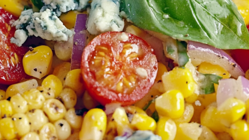 Bobby Flay Grilled Corn and Tomato-Sweet Onion Salad with Fresh Basil Dressing and Crumbled Blue Cheese