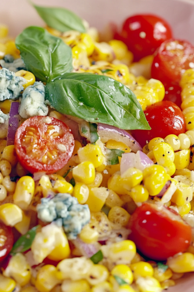 Bobby Flay Grilled Corn and Tomato-Sweet Onion Salad with Fresh Basil Dressing and Crumbled Blue Cheese