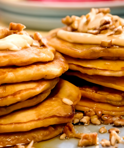 Carrot Cake Pancakes with Maple-Cream Cheese Drizzle and Toasted Pecans