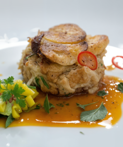 Crab Cakes with Mango-Avocado Relish and Sour Orange Sauce