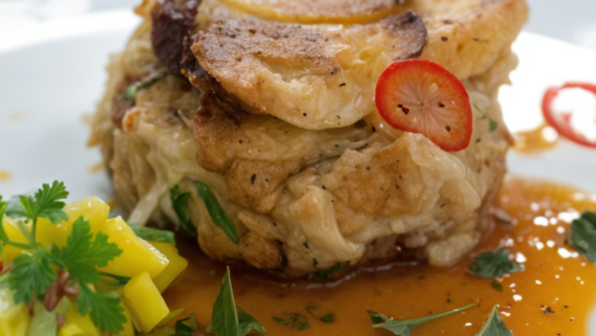 Crab Cakes with Mango-Avocado Relish and Sour Orange Sauce