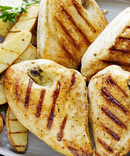 Grilled Chicken with Roasted Garlic-Oregano Vinaigrette and Grilled Fingerling Potatoes