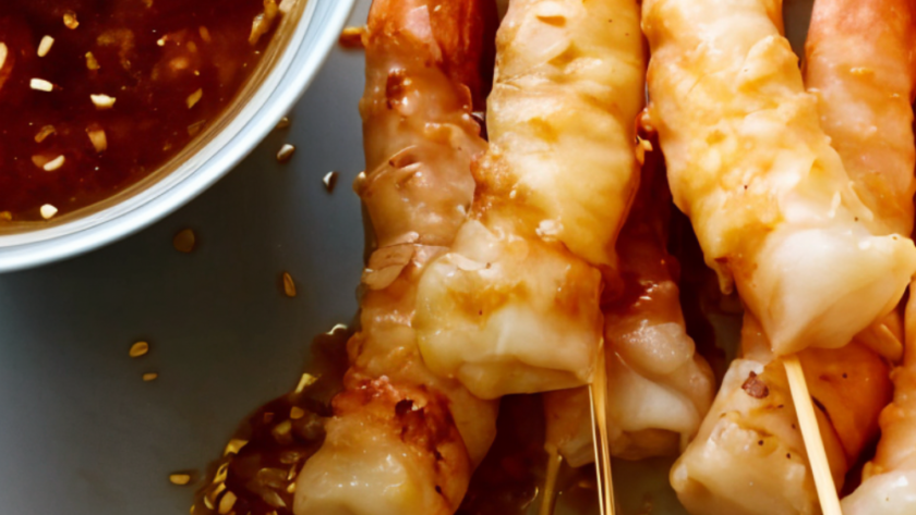 Grilled Shrimp Skewers with Soy Sauce, Fresh Ginger and Toasted Sesame Seeds