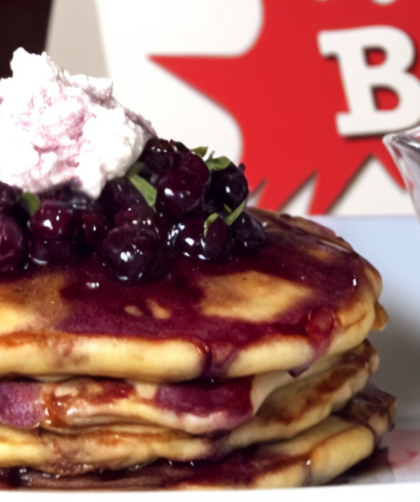 Lemon-Blueberry-Ricotta-Buttermilk Pancakes with Blueberry-Cassis Relish and Blueberry Maple Syrup