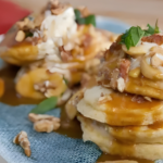 Mexican Corn Pancakes with Whipped Goat Cheese, Piloncilo Caramelized Bananas and Walnuts