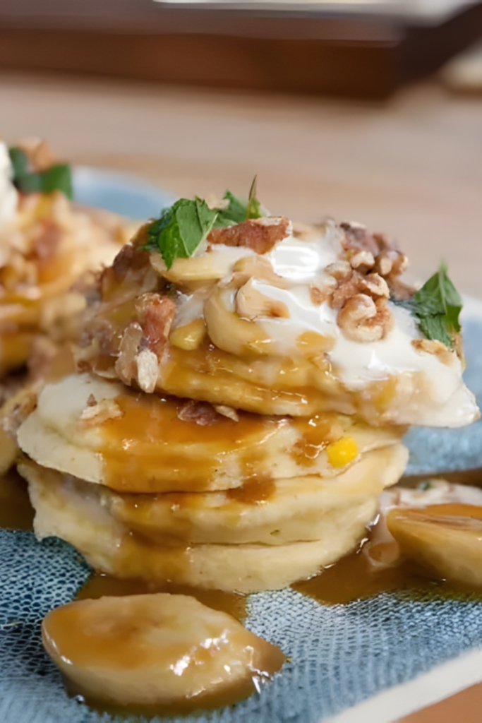 Mexican Corn Pancakes with Whipped Goat Cheese, Piloncilo Caramelized Bananas and Walnuts