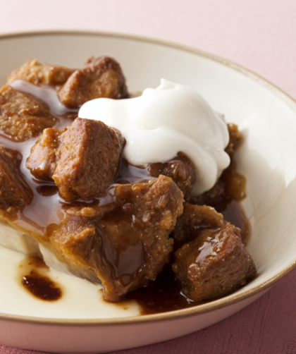 Pumpkin Bread Pudding with Spicy Caramel Apple Sauce and Vanilla Bean Creme Anglaise