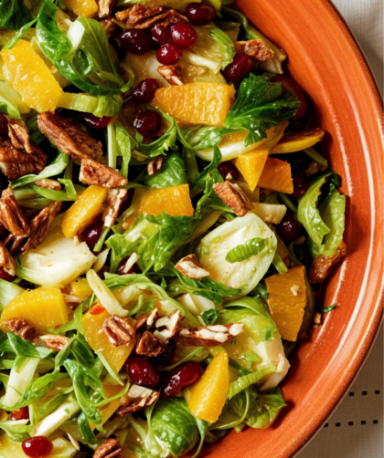 Shaved Brussels Sprouts with Pomegranate Orange Vinaigrette and Pecans