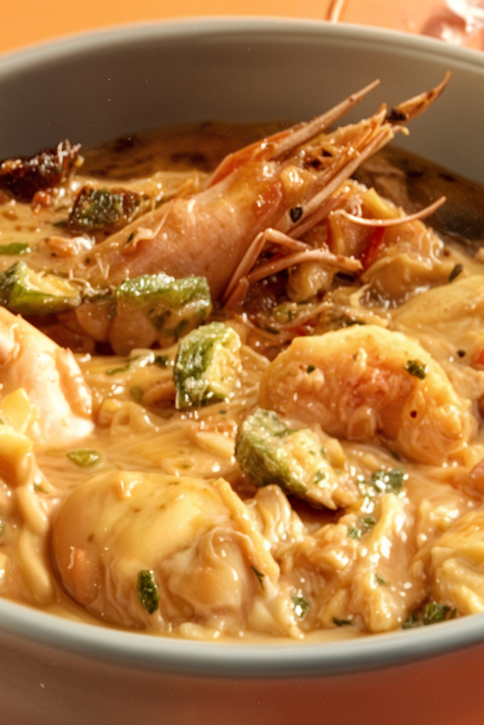 Shellfish and Andouille Gumbo with Shrimp, Scallops, Clams and Oysters with Crispy Okra