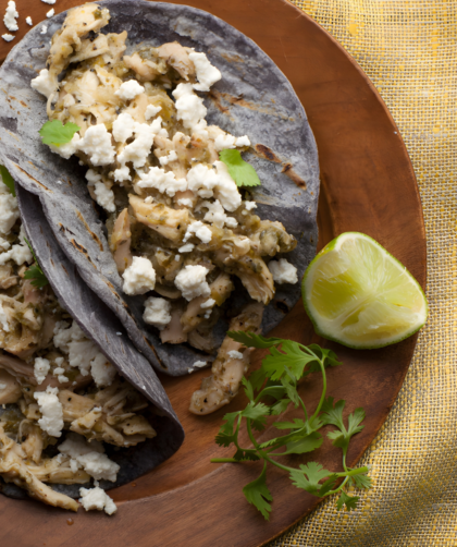 Shredded Chicken and Tomatillo Tacos with Queso Fresco