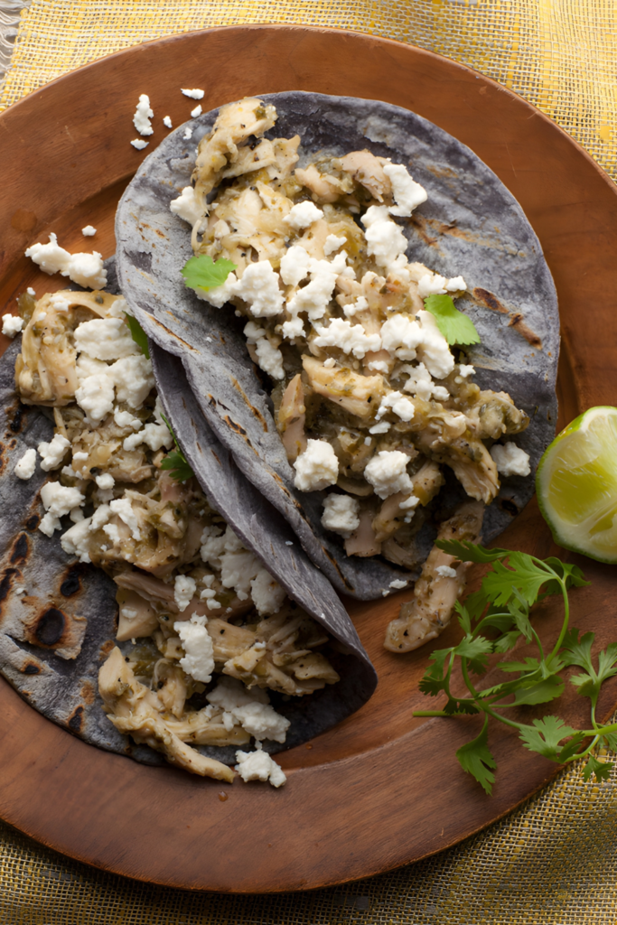 Shredded Chicken and Tomatillo Tacos with Queso Fresco