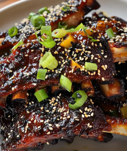 Bobby Flay Asian Spice Rubbed Ribs with Pineapple-Ginger BBQ Sauce and Black and White Sesame Seeds