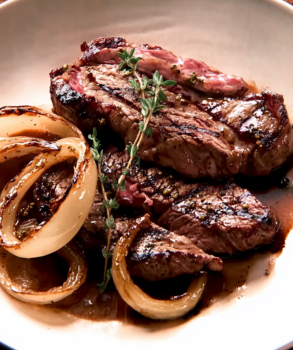 Bobby Flay Grilled Steak and Vidalia Onions with Mustard-Worcestershire Vinaigrette