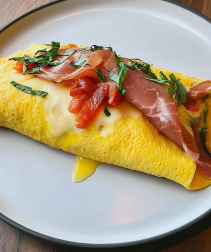 Bobby Flay Omelet with Prosciutto, Roasted Peppers, Fresh Mozzarella, Basil