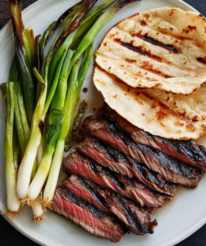 Bobby Flay Korean-Style Marinated Skirt Steak with Grilled Scallions and Warm Tortillas