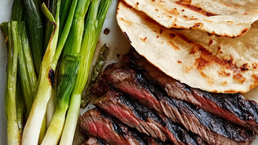 Bobby Flay Korean-Style Marinated Skirt Steak with Grilled Scallions and Warm Tortillas