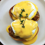 Bobby Flay Eggs Benedict with Apple Sausage and Mustard Hollandaise