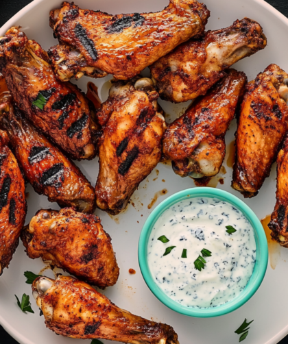 Bobby Flay Grilled Chicken Wings with Spicy Chipotle Hot Sauce and Blue Cheese-Yogurt Dipping Sauce