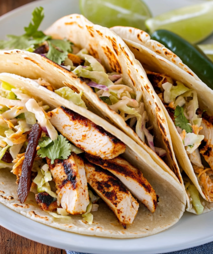 Bobby Flay Spice-Rubbed Chicken Breast Tacos with Grilled Poblanos, BBQ Onions and Coleslaw