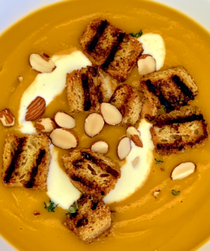 Bobby Flay Roasted Butternut Squash and Saffron Soup with Toasted Almond Croutons