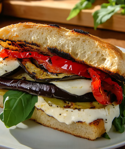 Grilled Eggplant and Fresh Mozzarella on Ciabatta with Roasted Red Peppers, Garlic Mayonnaise, Fresh Basil and Arugula