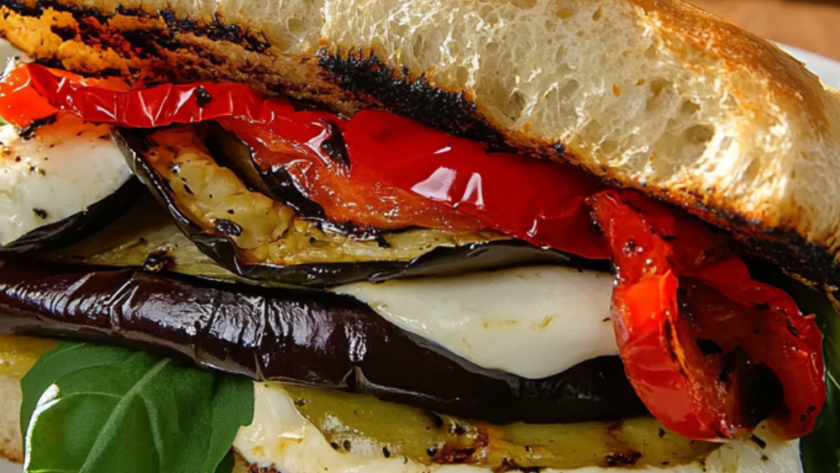 Grilled Eggplant and Fresh Mozzarella on Ciabatta with Roasted Red Peppers, Garlic Mayonnaise, Fresh Basil and Arugula