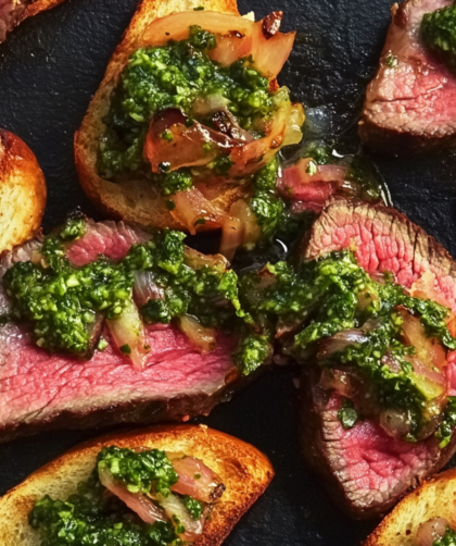 Flank Steak Crostini with Chimichurri and Vidalia Relish