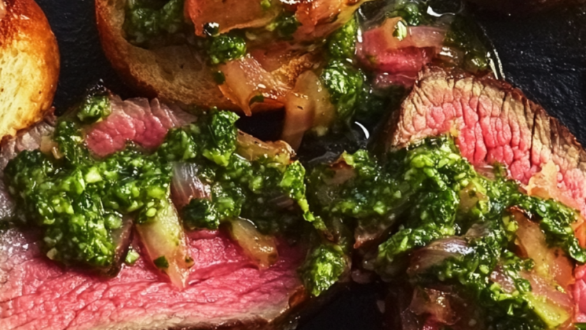 Flank Steak Crostini with Chimichurri and Vidalia Relish