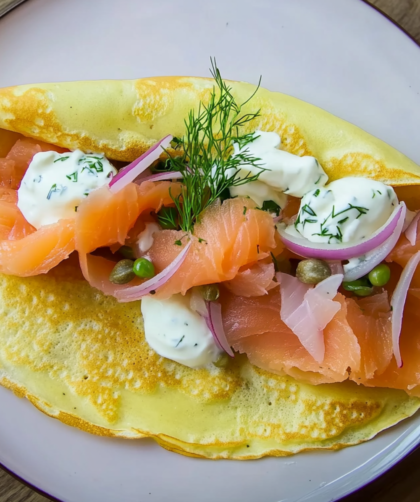 Crepes with Smoked Salmon, Ricotta, Red Onion and Capers with Lemon Creme Fraiche