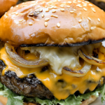 Bobby Flay Hamburger with Double Cheddar Cheese, Grilled Vidalia Onion and Horseradish Mustard