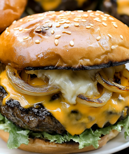 Bobby Flay Hamburger with Double Cheddar Cheese, Grilled Vidalia Onion and Horseradish Mustard