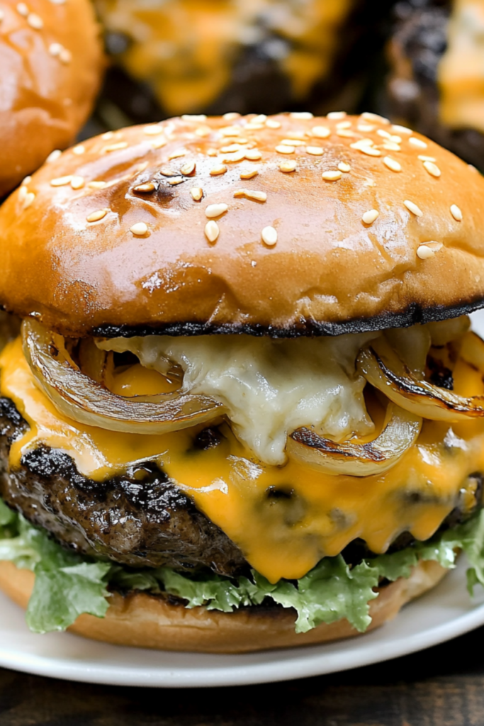 Bobby Flay Hamburger with Double Cheddar Cheese, Grilled Vidalia Onion and Horseradish Mustard