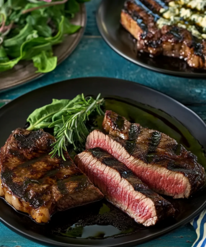 Bistecca alla Florentine with Balsamic-Rosemary Steak Sauce and Grilled Treviso with Gorgonzola