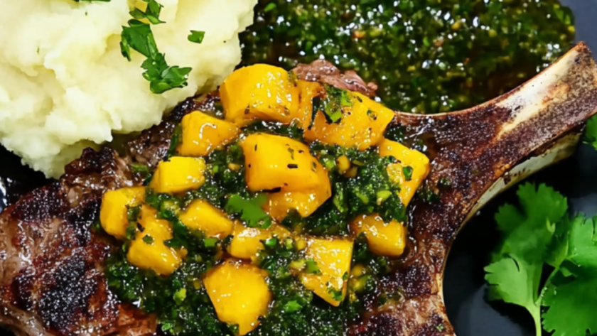 Bobby Flay Grilled Rib Eye Steak with Mango Chimichurri