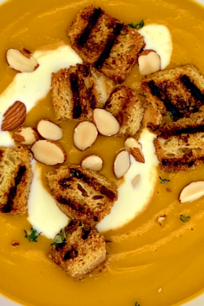 Bobby Flay Roasted Butternut Squash and Saffron Soup with Toasted Almond Croutons