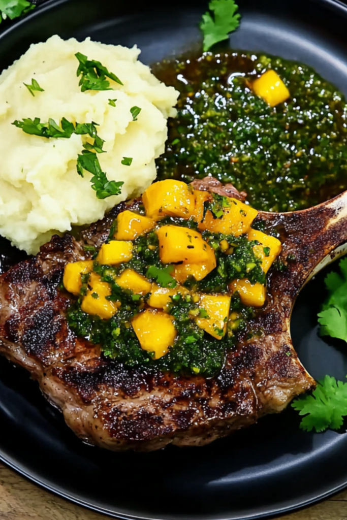 Bobby Flay Grilled Rib Eye Steak with Mango Chimichurri